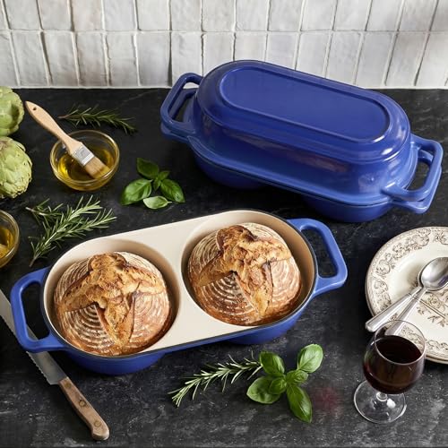 Image of Double Dutch Oven Pot with Lid, 2.2QT Enameled Cast Iron Bread Loaf Pan, Mini Dutch Oven For Sourdough Bread Baking, 500F Oven Safe Non Stick Dual Round Bread Pan, Bread Oven, 16.5cm Diameter, Blue
