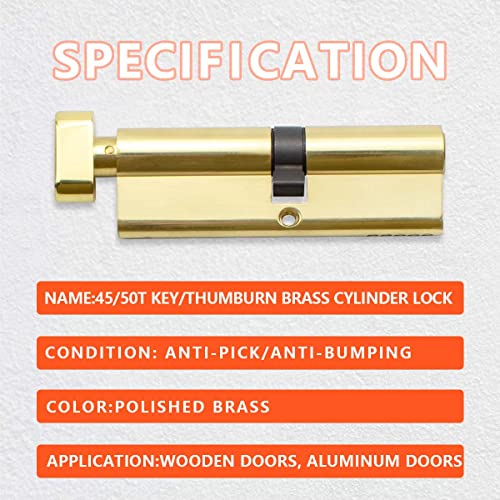 Bwintech 95mm(45/50T) Brass Euro Cylinder Lock,Door Barrel Lock,Thumbturn Knob with 3 Standard Keys,Anti-Pick,Anti-Bump,Anti Drill,High Security for UPVC,Wooden,Composite Doors - Image 3