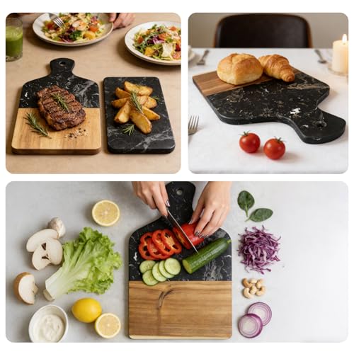 Tabla de cortar rectangular de mármol y madera con mango miniatura 6