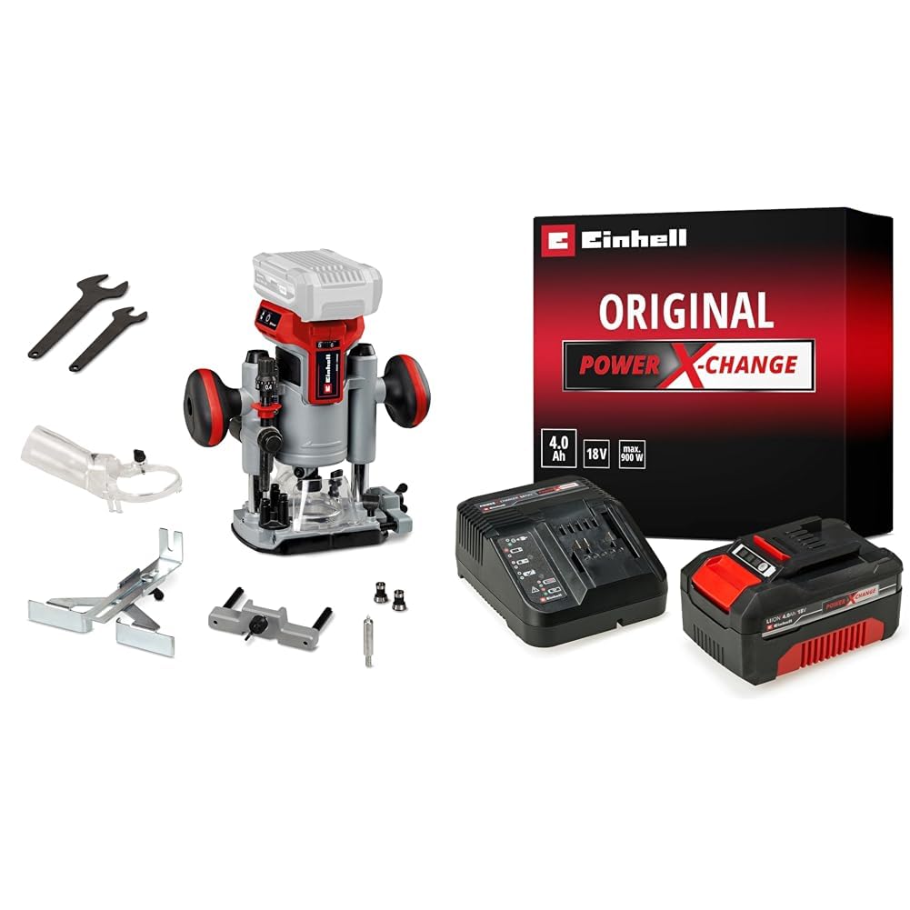 Einhell TP-RO 18 Li BL - Solo, Kömürsüz Akülü Dik Freze + Einhell 18V 4,0 Ah PXC Starter Kit, Akü & Şarj Cihazı