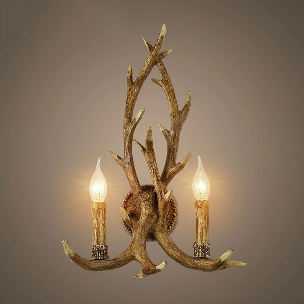 YNVIOZM Resin Antler Wall Light, Candle Style Resin Wall Lamp 2-Light Deer Horn Living Room Sconce Lighting with Decorative Antler in Brown for Dining Room, Living Room, Bar, Cafe
