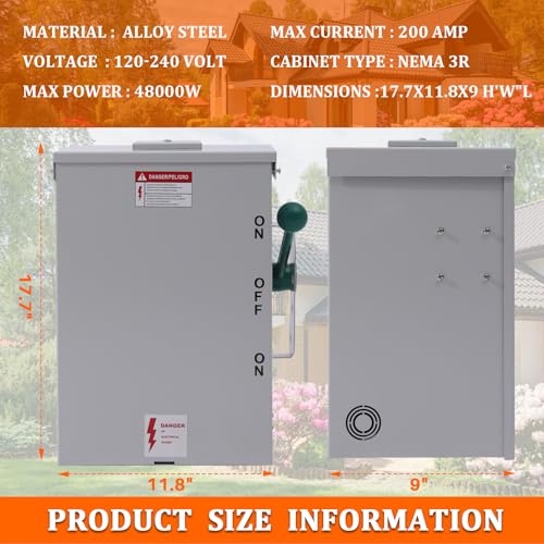 200 Amp Generator Transfer Switch, 120/240-Volt Manual Transfer Switch, 48000W General-Duty Double-Throw, NEMA-3R Enclosure for Outdoor and Indoor - Image 6
