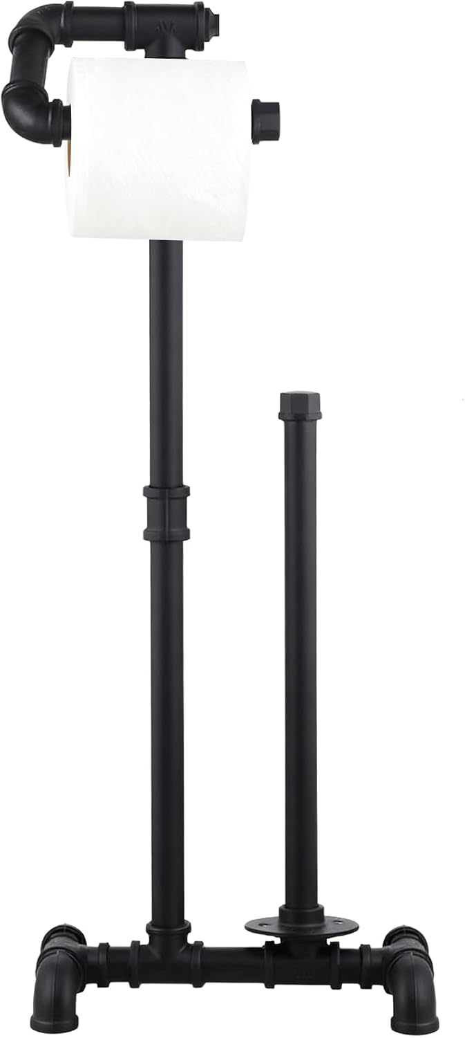 Industrial Pipe Wall Mounted Toilet Paper Holder - Rustic Metal Bathroom Tissue Roll Holder, Farmhouse Decor for Bathroom-Black Stand