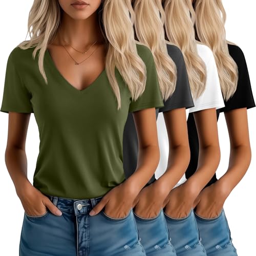 Neer Conjunto de 4 t-shirts de mulher com decote em V, manga curta, verão, casual, corte folgado bainha reta básica, Preto, verde militar, cinzento escuro, branco, Médio