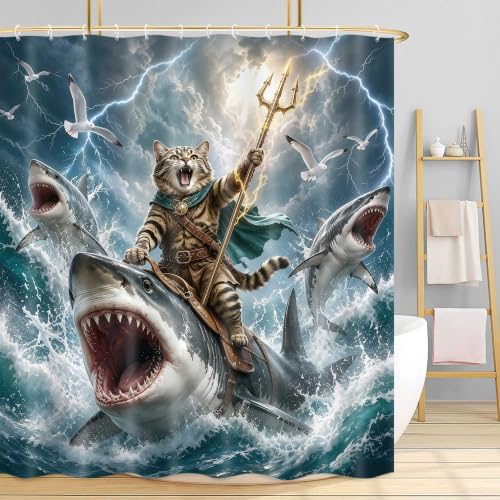 Image of Funny Cat Riding Shark Shower Curtain, Fun Ocean Waves Bath Curtain