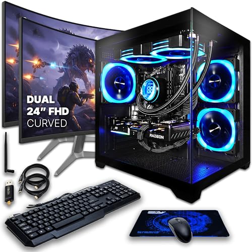 Image of SAAV Drex Prebuilt Gaming PC Bundle Desktop Tower Intel Core i7-12700KF Radeon RX 9060 XT 8GB GDDR6 Dual Curved 24in Monitors 32GB DDR4 1TB NVMe SSD WiFi 6 Windows 11 Black RGB Computer PC Gaming