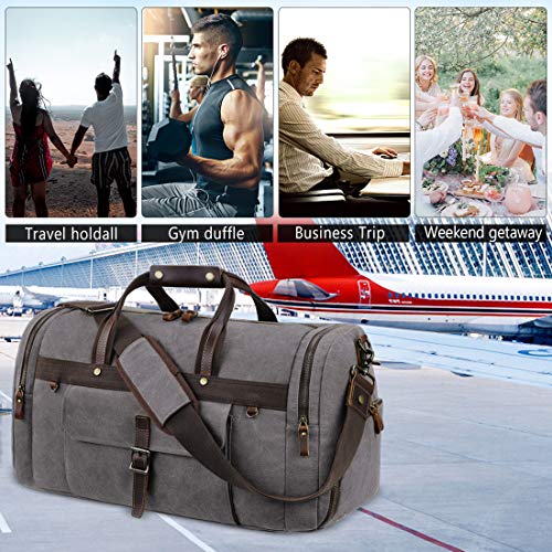 Travel Duffel Bag Waterproof Duffle Bags for Men Oversized Genuine Leather Carryon Weekend bag Canvas Overnight Bag Grey