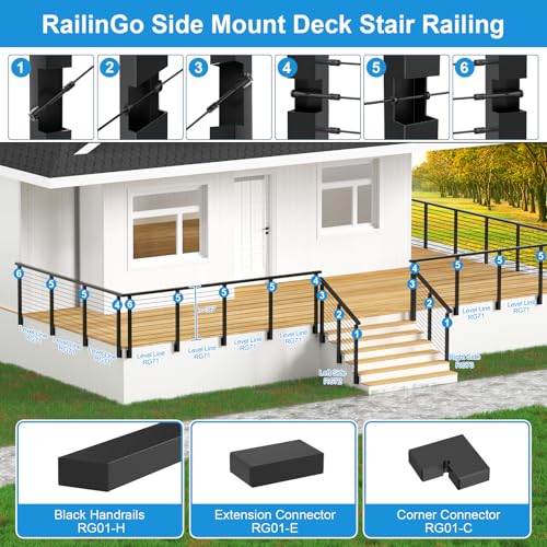Image of 36 inch Side Mount Cable Railing Post Kits Include 2Pack Flat Top Level Drilled Cable Posts, 150FT Wire Rope, Black Fascia Mount Cable Railing System, 1 /8 inch Stainless Steel Wire Railing Kits, RG71