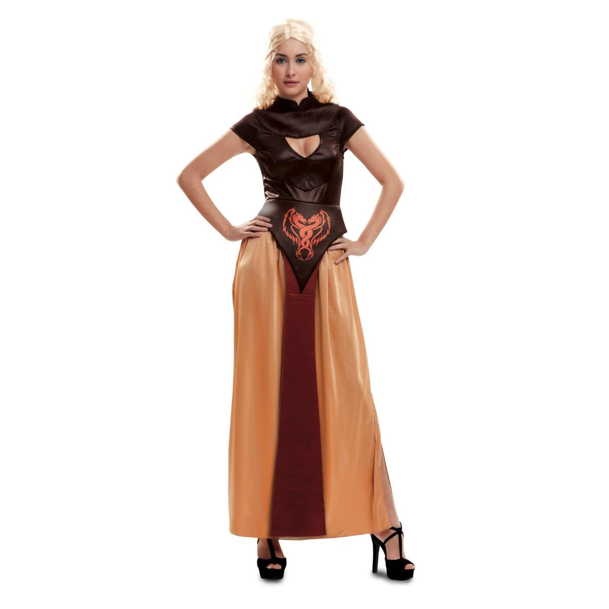 My Other Me - Disfraz Reina Dragón Mujer. Incluye vestido largo de manga corta con abertura lateral y en el pecho, parte superior marrón oscuro y falda beige vaporosa con franja burdeos.