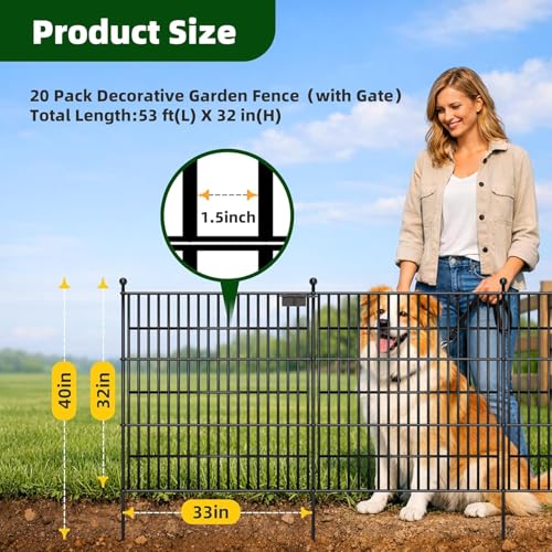 Image of Toolterritory 20 Panels No Dig Garden Fence with Gate | 33 in(H) X53 ft(L) Metal Fence Panels, Thickened Rustproof Garden Fencing, Animal Barrier Fence for Dogs