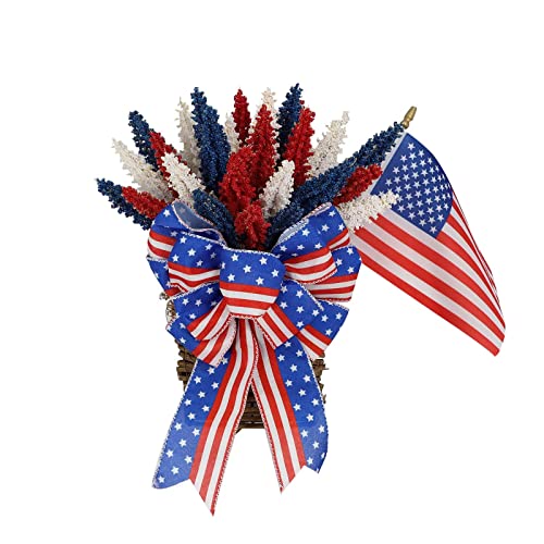 Independence Day Flag Red White Blue Flag Flower Basket 15.7 Inch Patriotic Wreath 4th of July Flower Basket Flag Garland USA Fourth of July Wheat Ears Red White Blue Wreath 1PC Ball Wreath