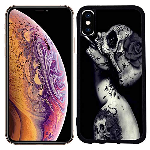 Teleskins Rubber TPU Case for iPhone Xs Max 6.5 Inch (2018) - Creative Skull Flower Tattoo Design - Ultra Durable Slim Fit, Protective Plastic with Soft Rubber TPU Snap on Back Case/Cover