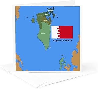 3dRose Greeting Card - The flag and map of the Persian gulf country, Kingdom of Bahrain with all governing regions marked. - Flags and Maps