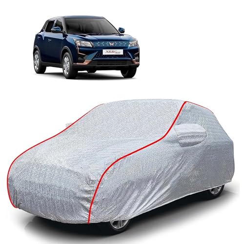 Image of Sulfar 100% Waterproof Car Body Cover Compatible with Mirror for Mahindra XUV 400 (Triple Stitched, Full Bottom Elastic, Magic Silver with Red Piping)