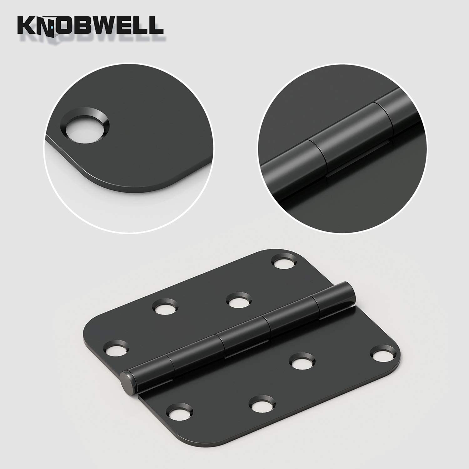 KNOBWELL Zawiasy drzwiowe, matowe, czarne, 10 cm, zawiasy do drzwi wewnętrznych, 4 x 4 zaokrąglone narożniki, wytrzymałe zawiasy drzwiowe