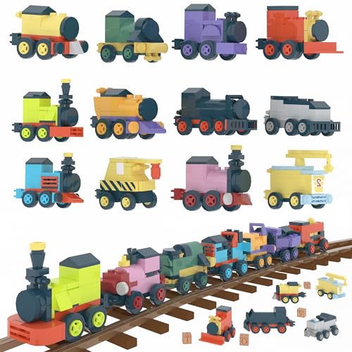 DIKDOD Party Favors for Kids - 12 Pack Trains Building Blocks Toy for Easter Gifts Goodie Bags Classroom Prizes Stocking Stuffers Building Set Valentines Day Birthday Gift for Boy Girl Ages 6-12+