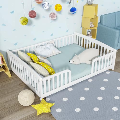 Image of Bellemave Full Size Montessori Floor Bed Frame with High Fence, Solid Wood Kids Floor Bed with Central Entrance, Low Profile Bed for Boys & Girls, Rounded Corner Design,White