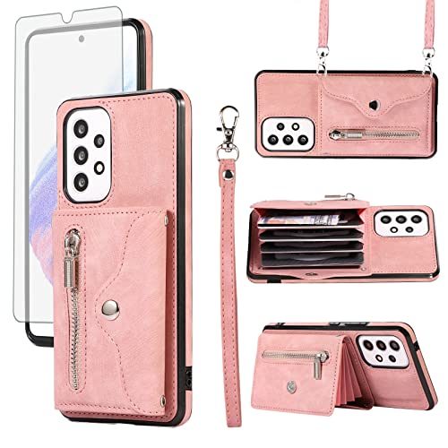 Étui Samsung Galaxy A53 5G Asuwish en cuir or rose avec porte-carte et dragonne