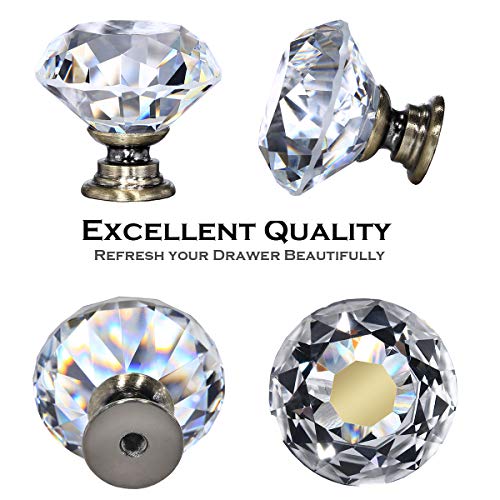 Deelf 12 Pcs Clear Crystal Glass Drawer Cabinet Pulls Knobs Diamond Shape Decorative For Kitchen, Dresser, 30Mm (1-1/4“), Bronze Color Base #TOP5