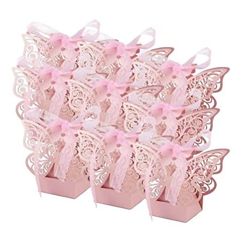EBTOYS 50pcs Laser Cut Wedding Favors Candy Boxes Butterfly DIY Gifts Box with Ribbons for Wedding Bridal Birthday Shower Party Decors (Pink) Cover