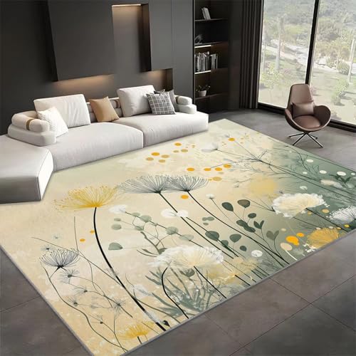4x6 ft Area Rugs for Living Room Plant Flower, Machine Washable Non Slip Area Rug Watercolor Plant Wildflowers Indoor Rug Carpet Ultra Soft Rugs for Bedroom Dining Room Playroom Nursery
