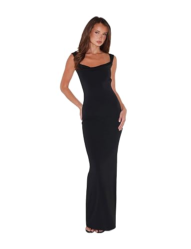 Tiger Mist Women’s Zita Backless Maxi Dress - Elegant Cowl Neck Long Evening Gown with Bow Detail and Open Back - XX-Small - Black