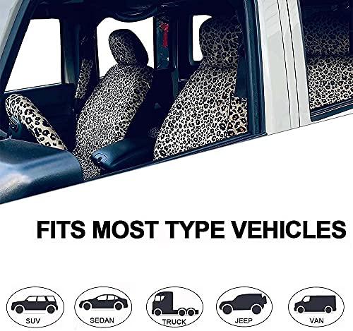 Leopard Cheetah Autositzbezüge, komplettes Set, vorne und hinten, komplett mit 2 Sicherheitsgurtpolstern und universeller 38.1 cm Lenkradbezug, LKWs, SUV oder Van für Frauen (Leopard)