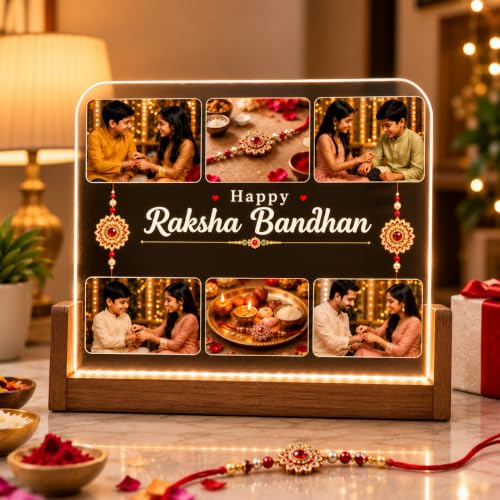 Image of Personalized Raksha Bandhan Acrylic LED Lamp with Custom Photo (UShape) | Night Light, Brother Sister, Free Rakhi Included, Custom Photo