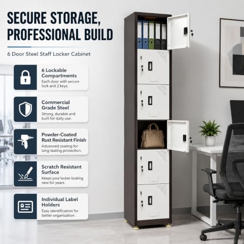 Image of Amazon Brand - Solimo Vertical 6-Door Brown Steel Locker, Heavy-Duty Multi-Purpose Storage Cabinet for Gym School Office & Staff Rooms, Secure Metal Compartments for Clothes Bags, Uniforms & Valuables