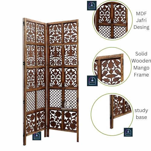 Image of Wooden Room Divider 2 Panel 6 Feet | Freestanding Room Partition Screen with Burnt Wood Finish | Hand Buffed Traditional Handicraft Design
