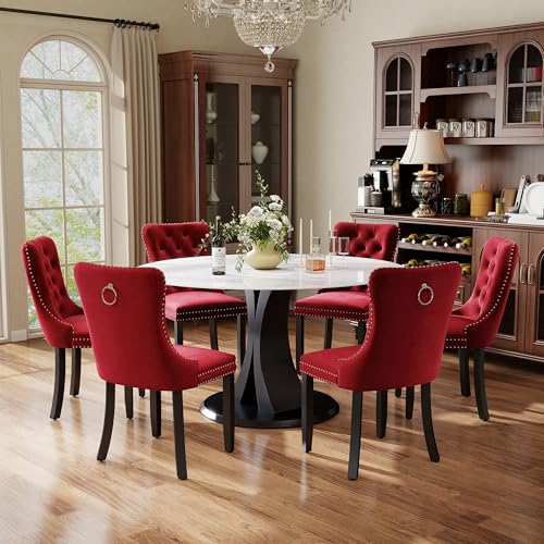 Image of 7-Piece Dining Table Set with 47In Faux Marble Table and 6 Velvet Upholstered Chairs, Modern Scandinavian Furniture for Dining Room Kitchen(Burgundy)