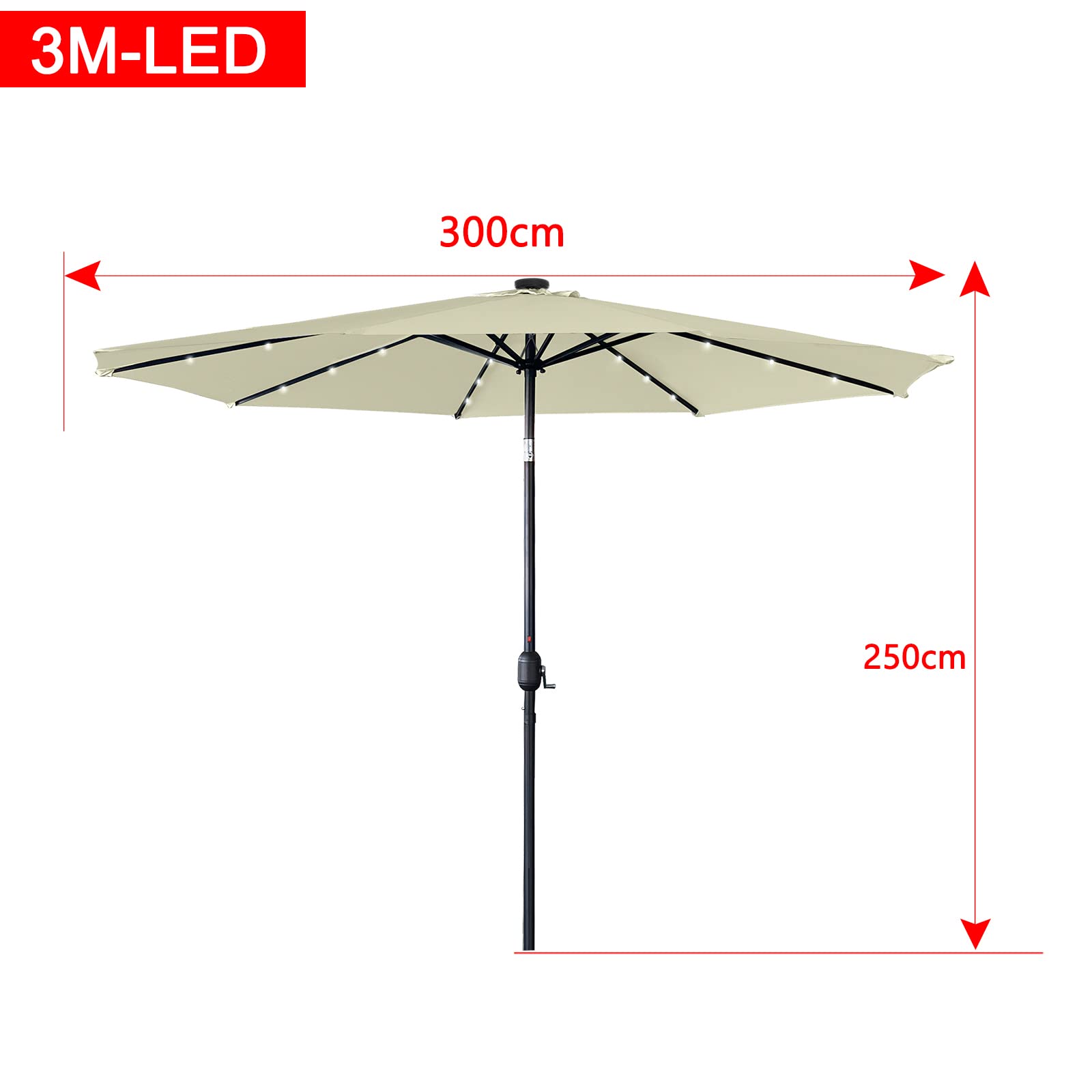 LZQ Sonnenschirm Balkon Ø 300cm Gartenschirm mit Solar LED Beleuchtung Alu Marktschirm mit Handkurbel Strandschirm Rund Terrassenschirm Wasserabweisende UPF 40+(Beige, Winkelverstellbar)