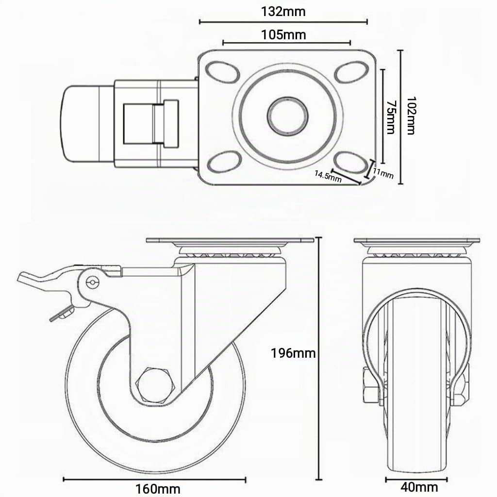 4 Ruote Per Carichi Rotelle 160 mm 600 KG 360 （2 Ruote Fisse + 2 Ruote Girevoli con Freno）