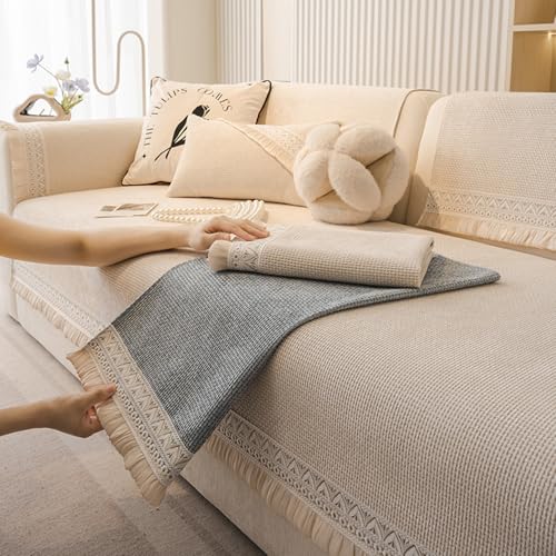 Funda para Sofá De con Forma De L De 1 2 3 4 Plazas,Tela De Chenilla Funda Sofa Chaise Long,Manta De Sofá Antideslizante Universal,Fundas Sofa Antipelos Mascotas,para Mascotas(70 * 210cm,Off-White)