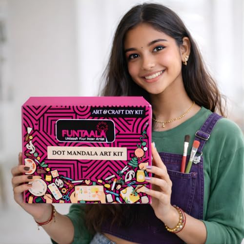 Image of Funtaala Dot Mandala DIY Art Kit for Kids & Adults | Engraved MDF Wall Decor, Coasters, Magnets & Keychains | Relaxing Paint & Craft Kit | Creative Gift