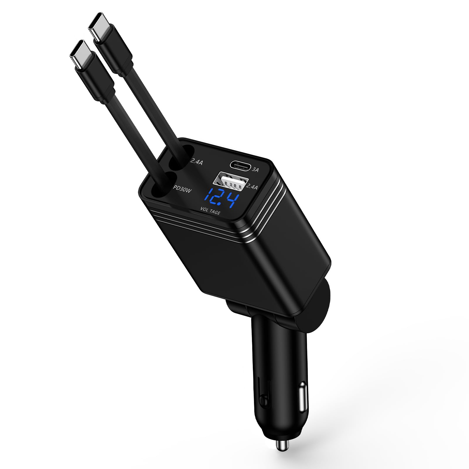 ANNIBER 車シガーソケット充電器 巻き取り式ケーブル Type-C 2本/4台同時充電/電圧測定 usb-C車載カーチャージャー iPhone17 シガーソケット 47W急速/4ポート/12V・24V車対応 車 usbソケット タイプCケーブル シガーusb車用 iPhone17Pro/17 air/17 pro max/16/15/14/13/12/Andriod/iPad対応