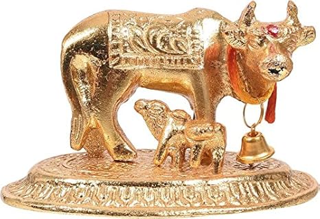 Amazon Shree Chesta ゴールドメッキ 牛 子牛のアイドル ヒンズー教 宗教的なカムデヌ ショーピース 家を温めるのに最適 インテリア オンライン通販