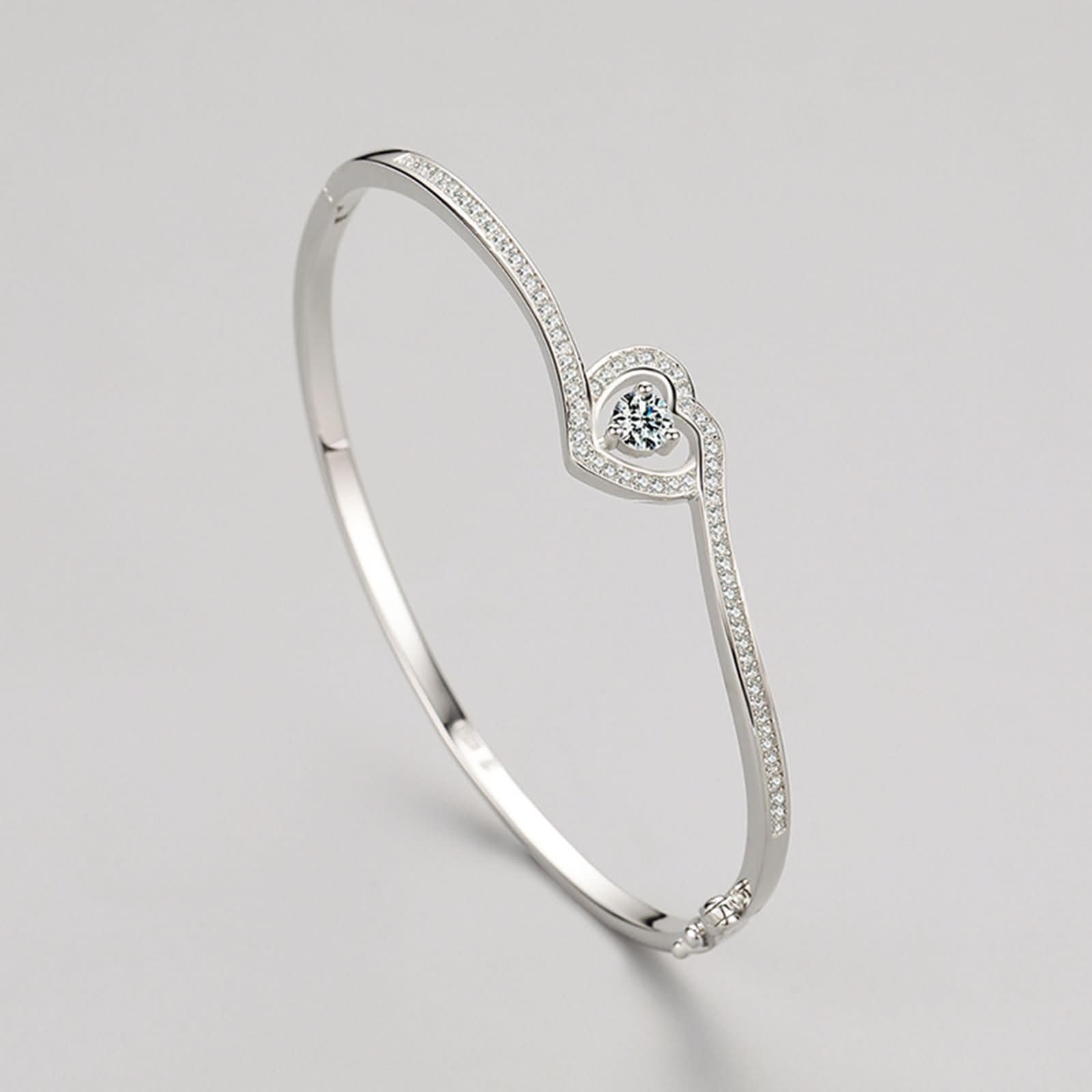Brazaletes de Mujer Oro Blanco 9 K / 14 K / 18 K, Corazón Hueco con Moissanita, Cadena 16 CM, Pulseras Cadena Plata Mujer