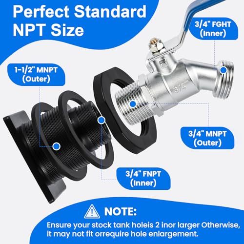 Image of Stock Tank Drain Plug Kit for rubbermaid Stock Tank Drain Plug（for rubbermaid Commercial50 70 100 150 300 Gallon Stock Tanks） with 3 /4 inch NPT x3 /4 inch GHT Stainless Steel Faucet Garden Hose Connector