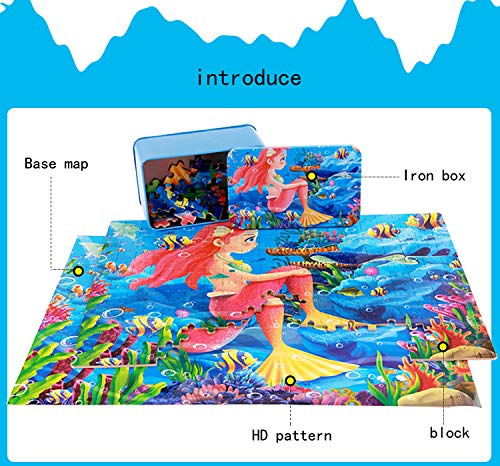 Aimeio 200 Pieces Wooden Mermiad Jigsaw Puzzle Kids Educational Puzzles Toys to Develop Dexterity and Problem Solving with Metal Storage Box