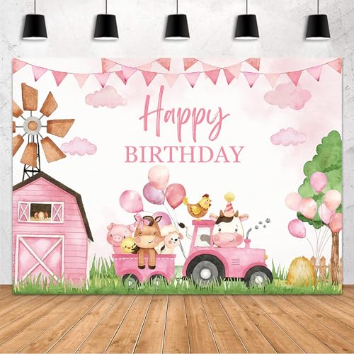 MEHOFOND Décor anniversaire ferme rose 7x5ft, animaux cartoom