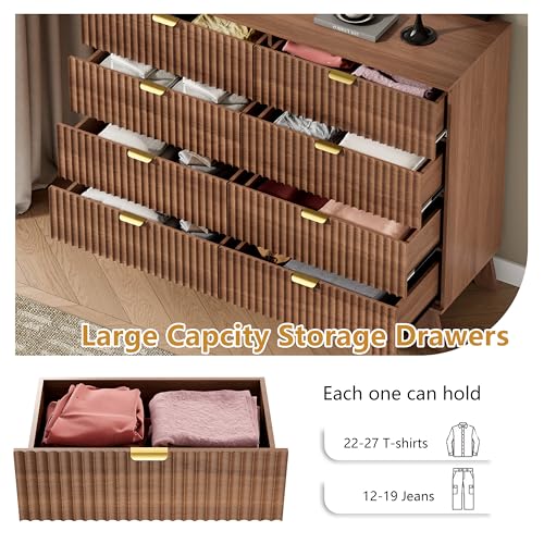 Image of Wodeer 8 Drawer Fluted Dresser for Bedroom, Mid Century Modern Wooden Dresser with 8 Drawers, Dressers & Chests of Drawers with Metal Handle, TV Stand & Storage Organizer for Entryway, Hallway, Walnut