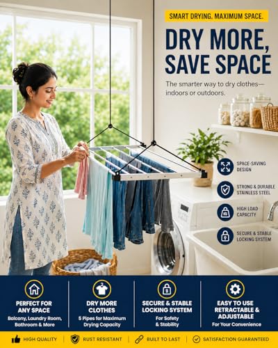 Image of Purnima Marketing PM Heavy Duty Stainless Steel (5 Pipe X 4 Feet) ECODRY Model with UV Protected Nylon Rope Ceiling Cloth Dryer | Cloth Drying Stand for Balcony | Clothes Stand for Drying