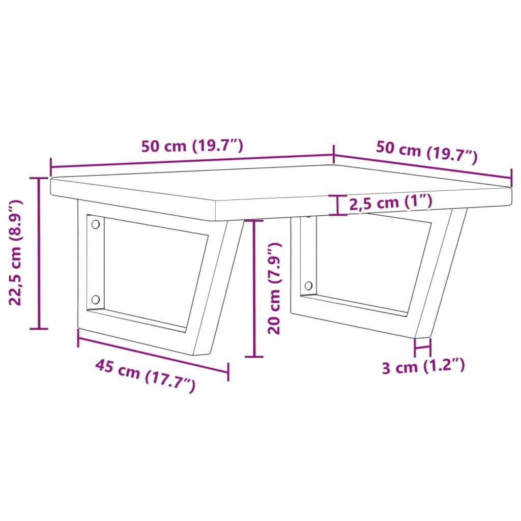 Piano lavabo in legno di rovere massiccio con supporto in acciaio, trapezoidale, 50 x 50 x 2,5 cm, portata fino a 100 kg, salvaspazio, per bagno, montaggio a parete