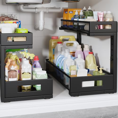 Image of 2 Pack 19IN Depth Under Sink Storage Organizer, Large 2-Tier Elegant Mesh Pull Out Shelf for Kitchen and Bathroom Cabinet Organization, L-Shaped and Adjustable Height Design-Black