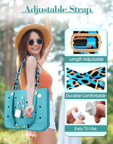 Image of Bag Strap Crossbody Charms for Bogg Bag Accessories - Shoulder Strap Neoprene Luggage Handle Wrap for Suitcase & 2 Key Holders Blue Leopard