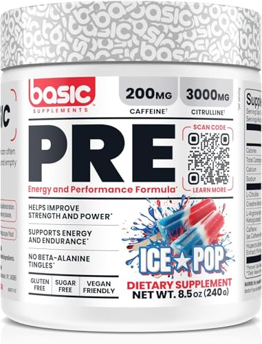 Image of Basic Pre-Workout with 200mg Caffeine and 3000mg Citrulline for Energy, Focus, and Strength Support, No Beta-Alanine Tingles, Vegan, Gluten-Free, Sugar-Free