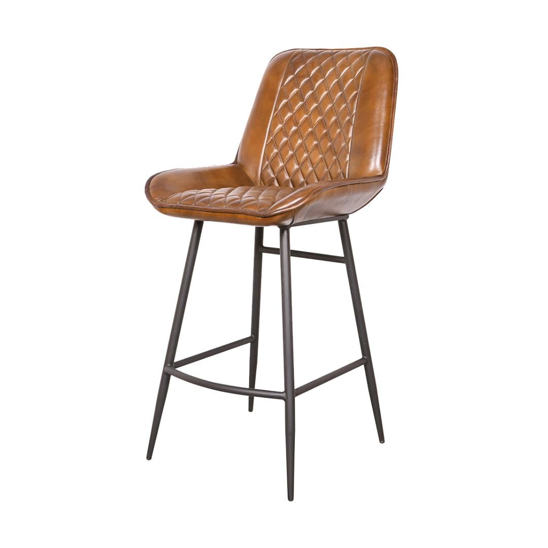 THE ROYAL LIVING Nandri Leather Bar Chair for Bar Stools Breakfast Dining Stool Kitchen Island Leather Exterior, Black Powder Coated Iron Leg (Brown)-image-42