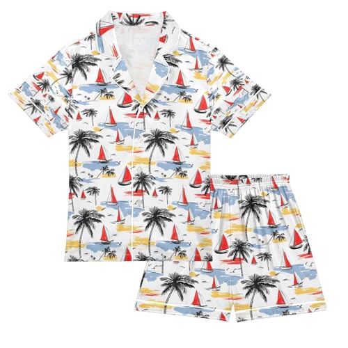 senya Palm Sailboat Sea R Satin Summer Pajama Sets Silk Short Sleeve Button Down Sleepwear