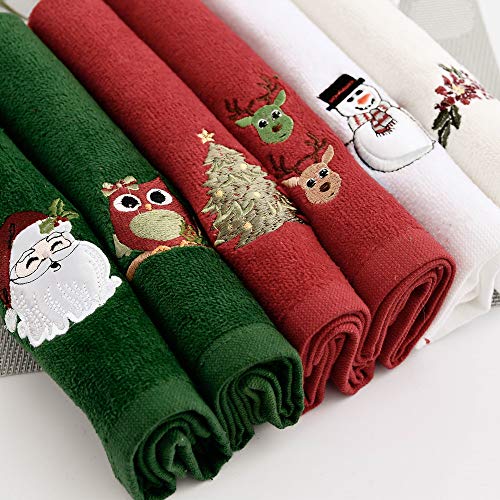 Zieglad Christmas Hand Towel For Bathroom Kitchen, 100% Cotton, Set Of 6, 12X18 Inches, Decorative Dish Towels Set, Embroidered Holiday Design Christmas Towels Gift Set, 3 Color (Red, Green, White) #TOP6